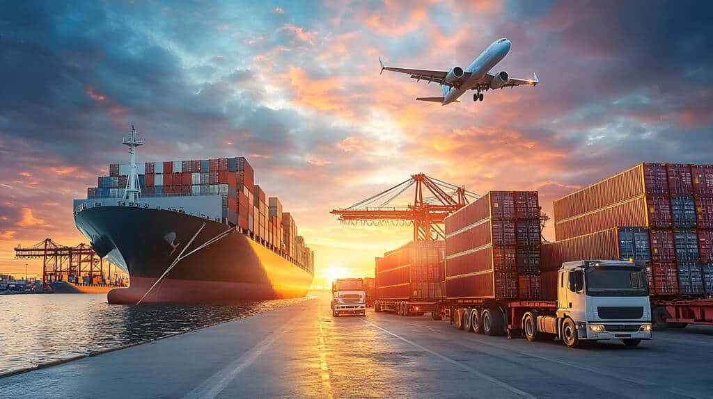 Contâineres, aviões e caminhões simbolizando transporte